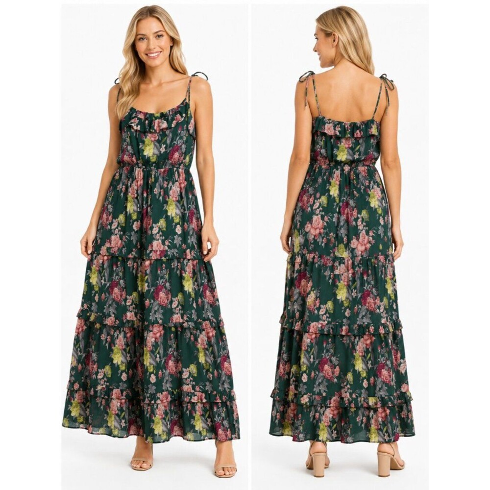 FOREVER 21 Blogger's Favorite Floral Tiered Maxi Dress Women’s Green Pink Size L